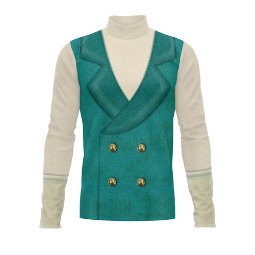 A digital print of a marching band uniform top in teal color with a double-breasted design and buttons, intended for sublimation printing.