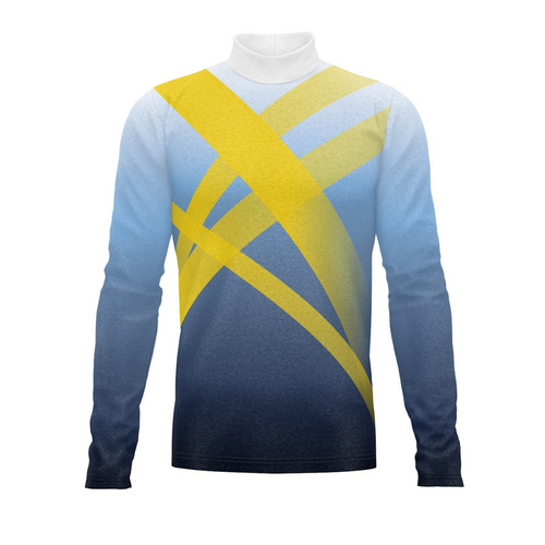 A digital print of a Flow Flex Top G251 featuring a geometric pattern with yellow and blue colors on a fabric mannequin.