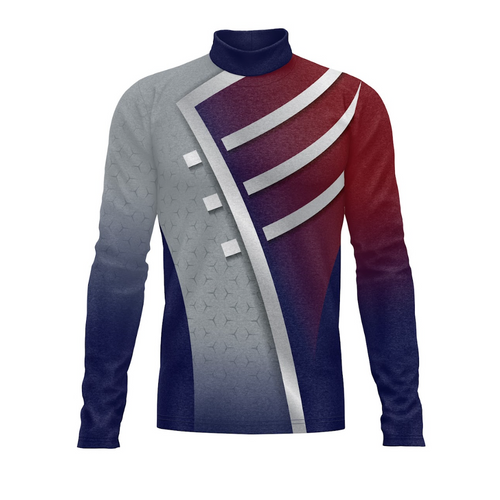 A digital print of a band uniform top with a high collar, featuring a geometric pattern in red, white, and blue colors.