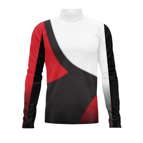 A digital print of a Flow Flex Top G253 featuring a geometric pattern in red, white, and black colors on a fabric mannequin.