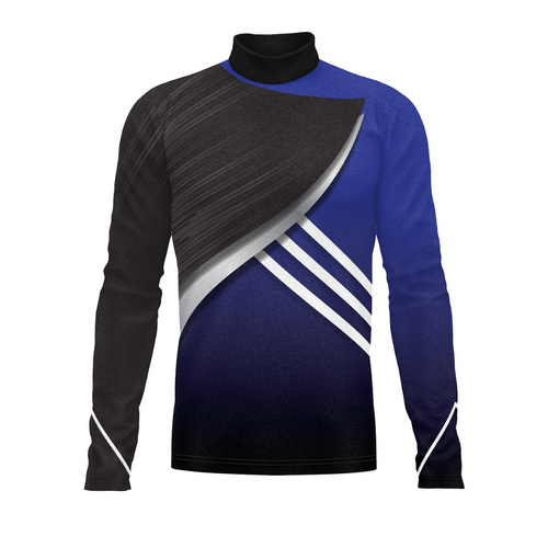 A digital print of a Flow Flex Top G254 featuring a geometric pattern with blue, black, and gray colors, designed for indoor and outdoor use.