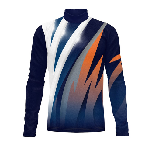 A digital print of a Flow Flex Top G255 featuring a geometric pattern with blue, white, and orange colors on a black background, designed for indoor uniforms and percussion uniforms.