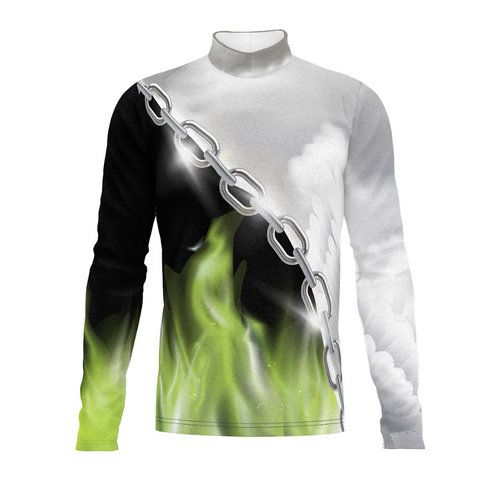A digital print of a band uniform top with a chain graphic design transitioning colors from white to green.