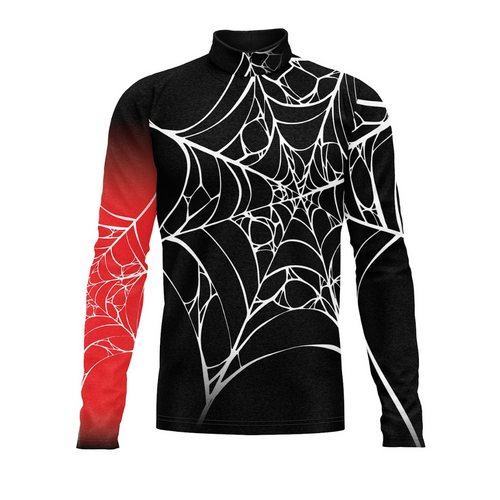 A digital print of a show top with a spider web design, predominantly black with red sleeves, intended for band or performance wear.