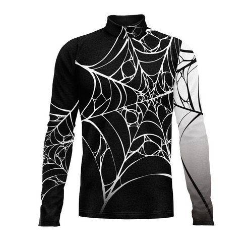 A black long-sleeved marching band uniform top with a white spider web pattern