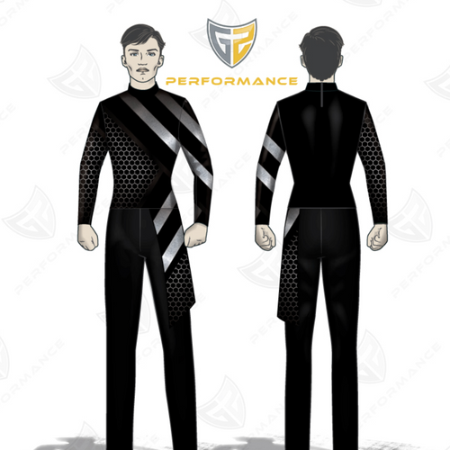 Flow Flex Top FG020 full uniform mockup showing front and back views with black and silver geometric honeycomb design, long-sleeve performance marching band top and pants