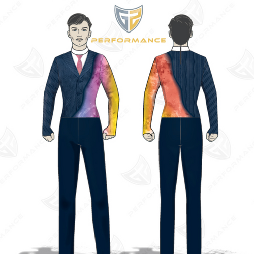 Flow Flex Top 005 marching band uniform shown in front and back view, featuring suit-inspired performance top with long sleeves and custom graphic design
