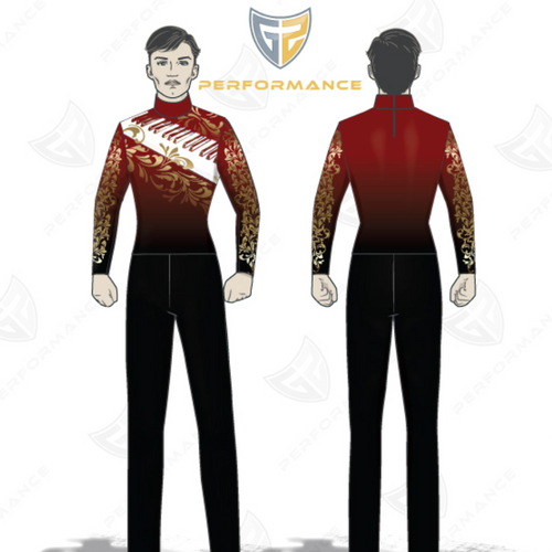 Flow Flex Top 004 marching band uniform shown in front and back view, featuring long sleeves, high-neck performance top, and custom graphic design