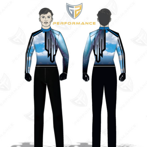 Flow Flex Top F013 performance uniform shown on male model in front and back view, long sleeve high-neck marching band top with sky and galaxy graphic design paired with black performance pants