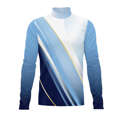 A digital print of a Flow Flex Top G262 featuring a geometric pattern with blue, white, and gold colors on a long-sleeved uniform shirt.
