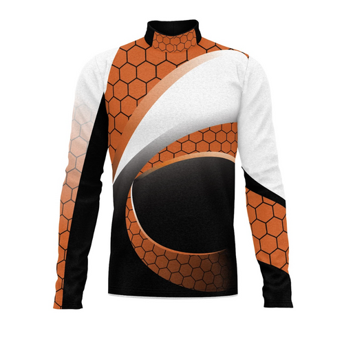 A digital print of a Flow Flex Top G263 featuring a geometric pattern in black, white, and orange colors, likely intended for use as a marching band or percussion uniform.