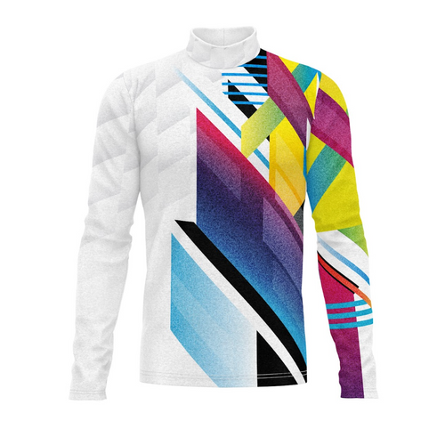 A long-sleeved marching band uniform top with a geometric pattern in multiple colors.