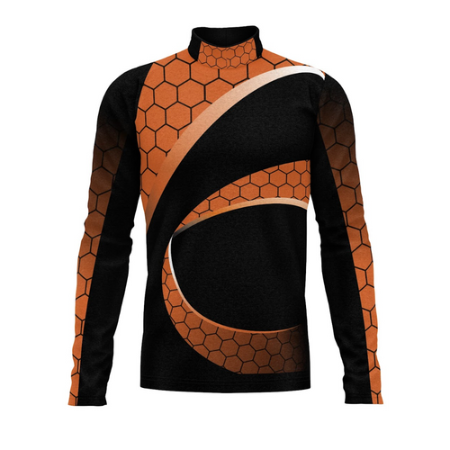 A digital print of a black and orange geometric patterned top suitable for band or uniform wear.