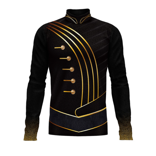 A digital print of a black and gold themed marching band uniform top with gold accents and buttons.