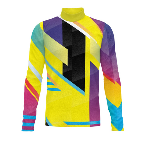 A long-sleeved sports uniform top with a high collar, featuring a vibrant multicolored geometric pattern.