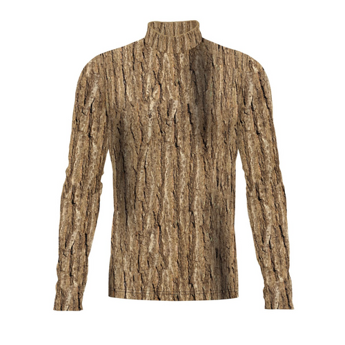 A digital print of a turtleneck flow flex top with a textured brown pattern.