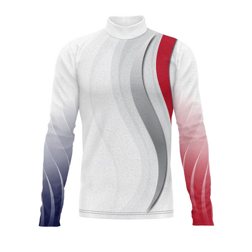 A long-sleeved marching band uniform top with a high neck, featuring a digital print with red, white, and blue colors.