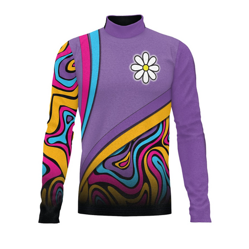 A digital print of a purple turtleneck with geometric patterns in vibrant colors like pink, yellow, and black, featuring a white flower emblem on the chest.