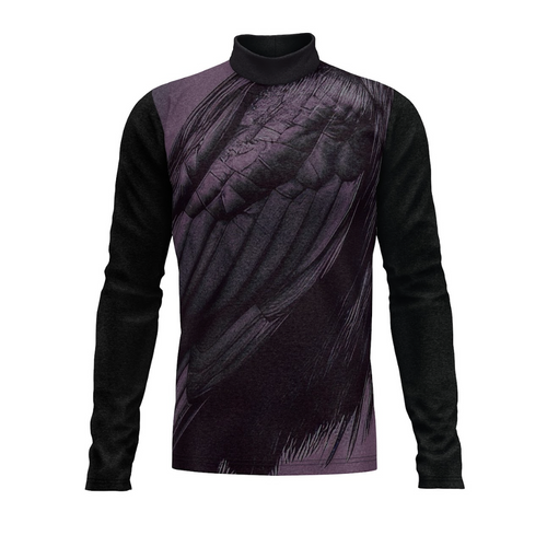 A digital print of a black and purple geometric patterned turtleneck top suitable for indoor and outdoor use, showcasing a sporty design with moisture wicking properties.