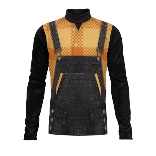 A digital print of a band uniform top with a checkered pattern on the upper part and a solid black lower part, featuring long sleeves and a round neckline.