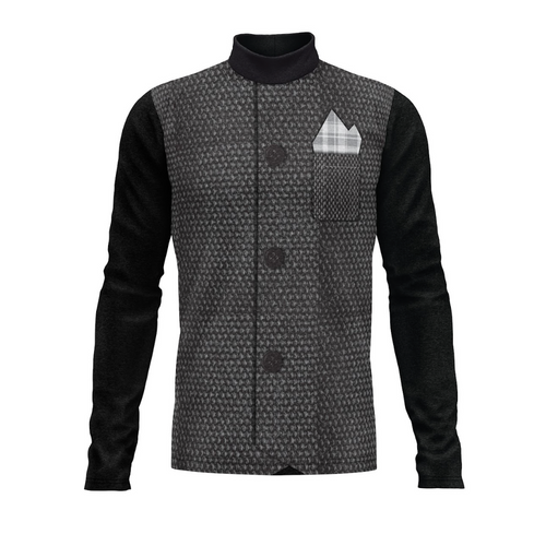 A digital print of a show top with a patterned design, primarily in dark colors with a pocket on the chest.