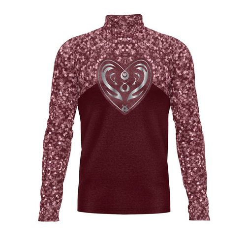A digital print of a maroon and purple performance top with a heart-shaped design in the center, intended for band or uniform wear.