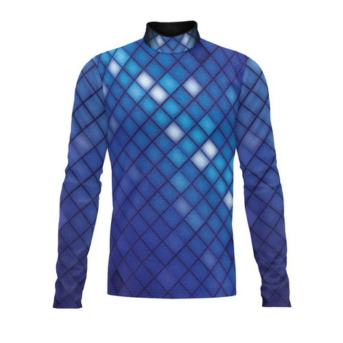 A digital print of a blue geometric patterned top, likely made from a stretchy fabric, designed for performance uniforms.