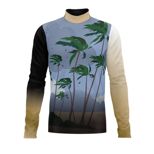 A digital print show top featuring a nature-themed pattern with palm trees against a blue sky.
