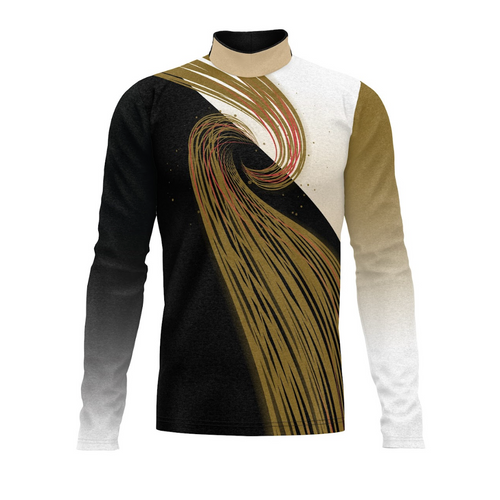 A digital print of a Flow Flex Top G283 featuring a geometric pattern with black, white, gold, and brown colors on a mannequin.