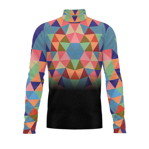 A long-sleeved turtleneck with a multicolored geometric pattern.