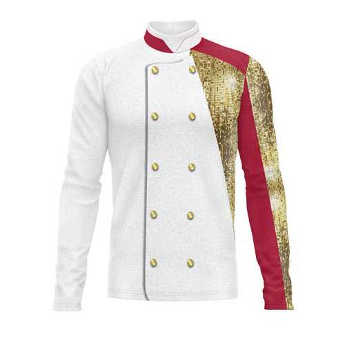 A digital print of a show top for marching bands featuring a white base with gold and red accents, buttoned front, and a graphic design on the left side.