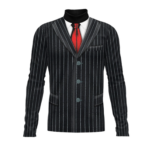 A digital print of a black pinstripe suit with a red tie and white shirt, representing a uniform for a marching band or percussion group.