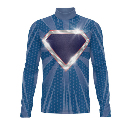 A digital print of a blue long-sleeved performance top with a geometric design in the center and a dotted pattern around it.
