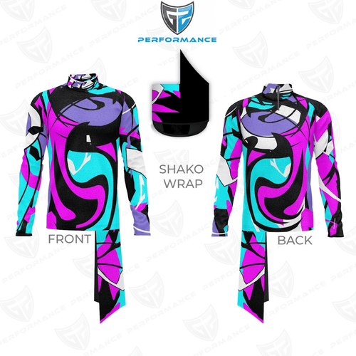 A long-sleeve performance rash guard shown from the front and back, featuring a bold abstract swirl pattern in bright pink, cyan, purple, black, and white. A separate black fabric swatch labeled 'SHAKO WRAP' is centered above the views, with a shield logo and the word 'PERFORMANCE' at the top.