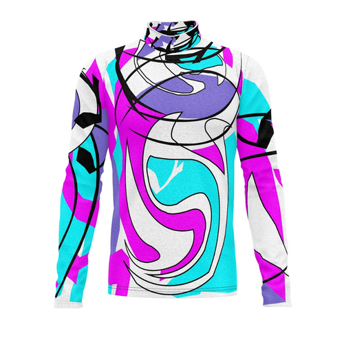 A digital print of a Flow Flex Top G289 featuring an abstract pattern in vibrant colors predominantly in purple, blue, and pink tones.