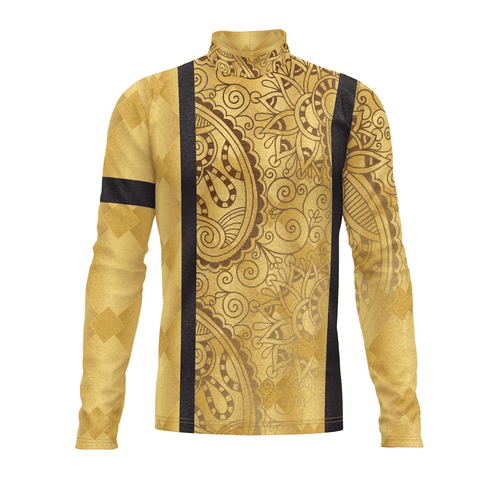 A digital print of a show top with a geometric pattern in gold and black colors, designed for indoor uniforms and percussion uniforms.