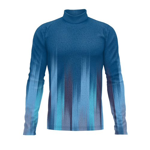 A digital print of a blue turtleneck long-sleeved shirt with a geometric pattern.