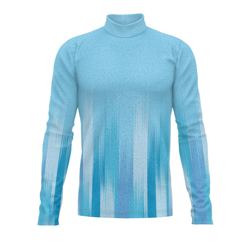 A digital print of a blue turtleneck long-sleeved top with a gradient of light blue stripes.