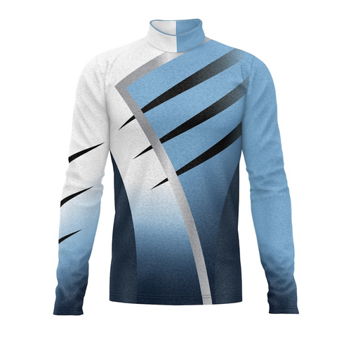 A digital print of a Flow Flex Top G294 featuring a geometric pattern with blue, white, and black colors.