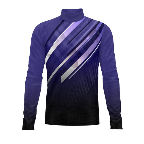 A long-sleeved purple performance top with a digital print design, suitable for indoor and outdoor use.
