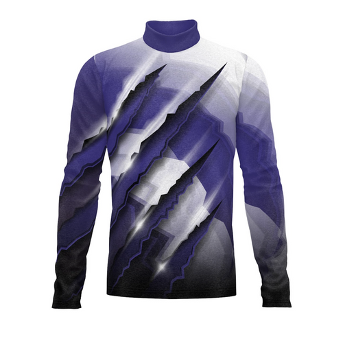 A digital print of a long-sleeved turtleneck with a geometric pattern in shades of purple and white.