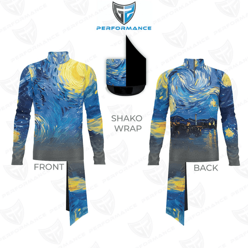 Front and back views of a long-sleeve performance shirt with a Starry Night-inspired print, featuring blue and yellow swirling patterns fading into a dark base. Includes a black insert labeled 'SHAKO WRAP' and a shield logo at the top.