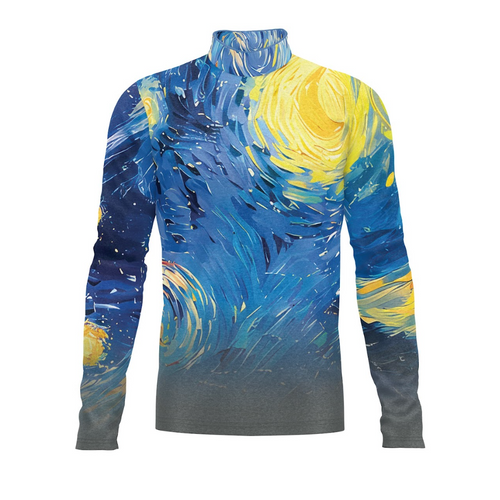 A digital print of a long-sleeved Flow Flex Top G298 with a abstract multicolored pattern, predominantly in blue and yellow tones, designed for use in indoor uniforms and percussion uniforms.