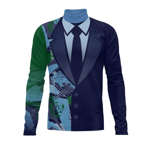 A digital print of a show top with a mix of solid blue and multicolored patterns, featuring a collar and button details, indicative of a band or uniform garment.