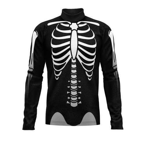 A black long-sleeved performance top with a white skeleton print in the front.