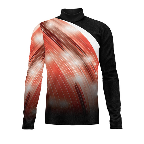A digital print show top with a geometric pattern featuring red and white lines on a black background, designed for performance uniforms.
