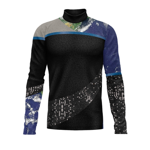 A digital print of a turtleneck performance top with a geometric pattern in black, blue, and gray colors.