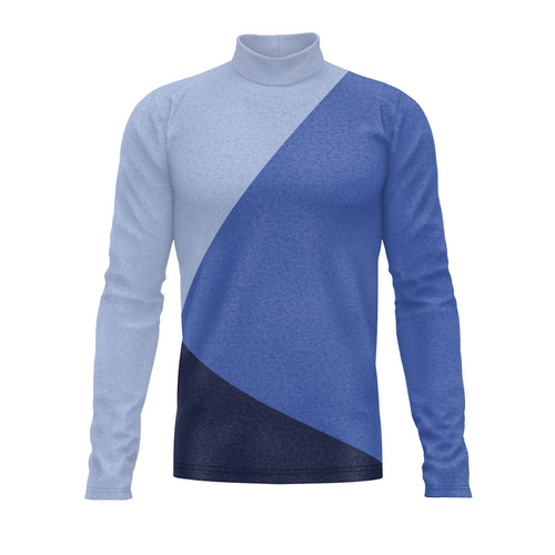 A long-sleeved turtleneck performance top with geometric pattern in blue and gray colors.