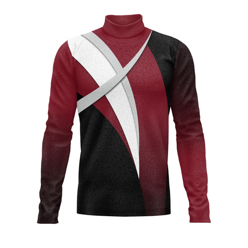 A digital print of a Flow Flex Top G318 featuring a geometric pattern in red, black, and white colors with a turtleneck design.