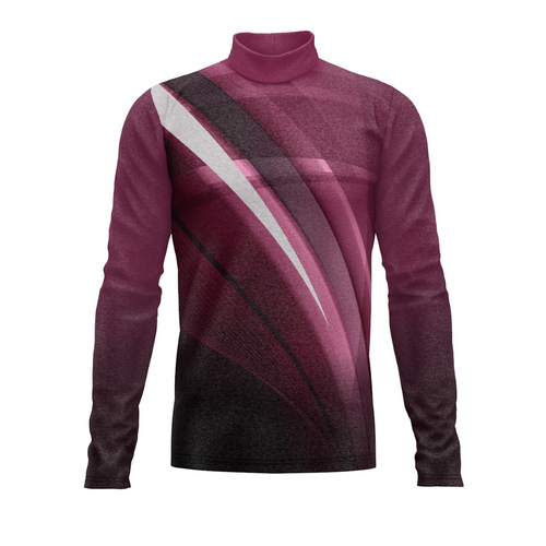 A digital print of a maroon turtleneck top with geometric patterns for a marching band uniform.